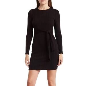 Tash + Sophie Sweater Dress Long Sleeve Crew Neck Tie Waist Bodycon Mini Black S